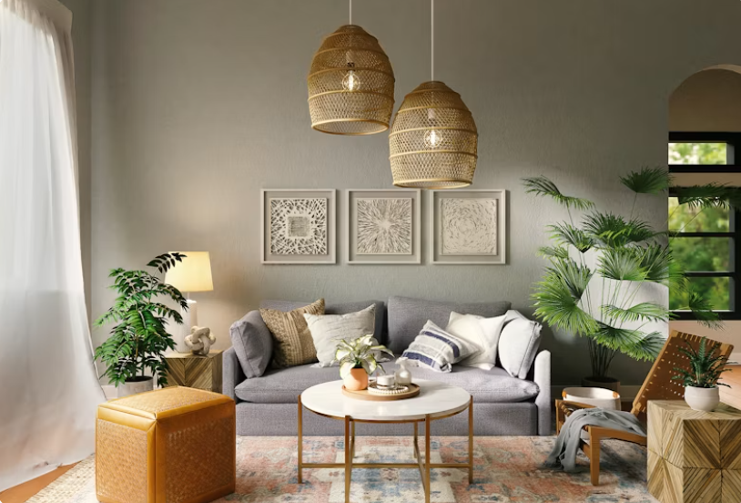A warm living-room space with natural light and greenery